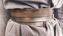 Dark brown leather obi belt for women dress - Wide wrap leather women's belt with brown strap closed with pin.