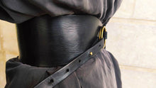 Black leather waist belt with asymmetrical design and bronze Ring. Black dress corset  for women, wide leather belt