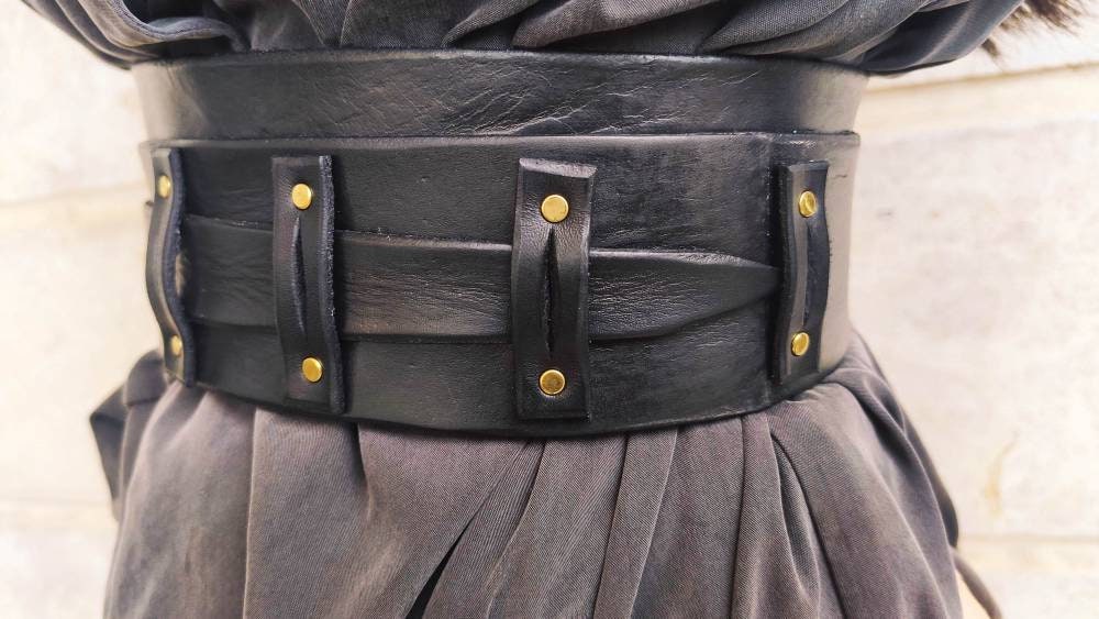Black leather obi belt for women dress - Wide wrap leather women's belt with black straps and rivets