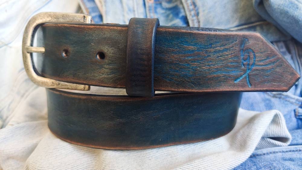 Vintage leather Belt (Narrow) - Blue with Brown Wash