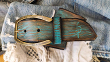 Wide Leather Belt - Turquoise with Brown Wash