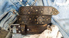 Dark brown men's belt embossed with motorcycle gears, vintage finish and rivets, Unique design steampunk belt with silver Concho's for biker