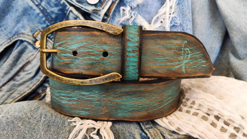 Wide Leather Belt - Turquoise with Brown Wash 28 US / 38 Europ