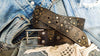 Dark brown men's belt embossed with motorcycle gears, vintage finish and rivets, Unique design steampunk belt with silver Concho's for biker