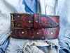 Red leather belt with black wash and motorcycle gear stamps. Unique Belt with Biker style and buckle. Accessories gift for bikers