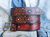 Red leather belt with black wash and motorcycle gear stamps. Unique Belt with Biker style and buckle. Accessories gift for bikers
