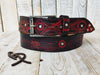 Black leather belt with ref wash and motorcycle gear stamps. Unique Belt with Biker style and buckle. Steampunk style