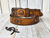 Biker Style yellow leather belt Unique design embossed with motorcycle gear rivets and vintage finish. Perfect with burning man clothes.