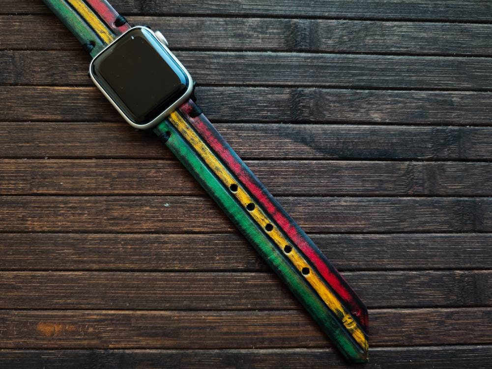 Apple Watch Band Rasta Leather Personalized handmade Leather Apple Watch Band 45 mm, 44mm, 42mm 41mm 40 mm and 38 mm Jamaican iwatch colors