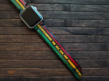 Apple Watch Band Rasta Leather Personalized handmade Leather Apple Watch Band 45 mm, 44mm, 42mm 41mm 40 mm and 38 mm Jamaican iwatch colors