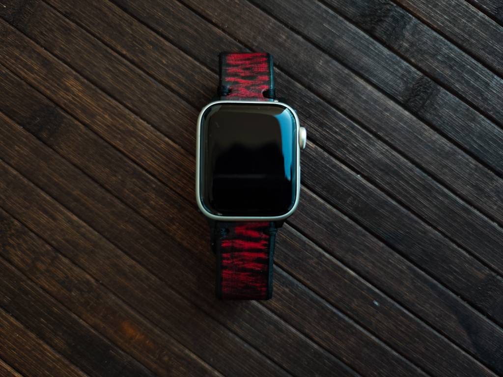Apple Watch Band - Red Leather With black wash and Edges Genuine Leather Apple Watch Band 45 mm, 44mm, 42mm, 41mm, 40 mm and 38 mm