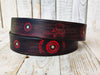 Black leather belt with ref wash and motorcycle gear stamps. Unique Belt with Biker style and buckle. Steampunk style
