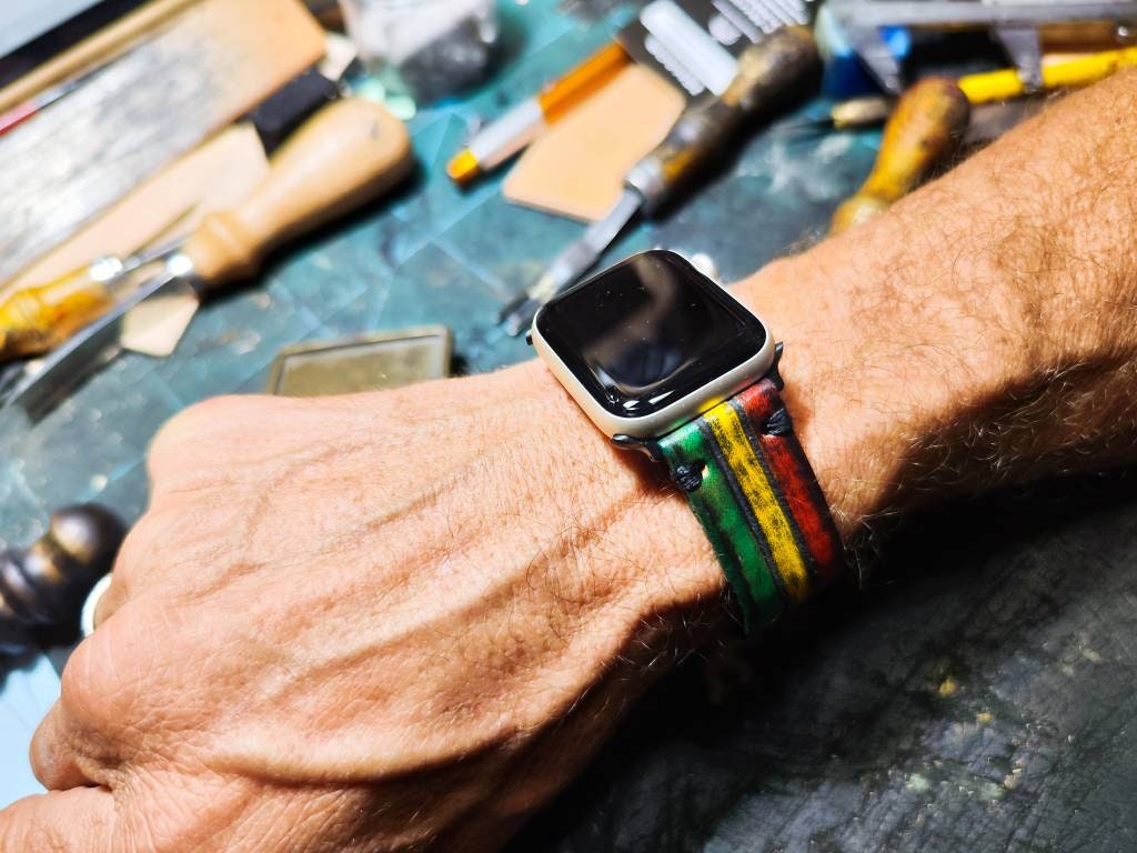 Apple Watch Band Rasta Leather Personalized handmade Leather Apple Watch Band 45 mm, 44mm, 42mm 41mm 40 mm and 38 mm Jamaican iwatch colors