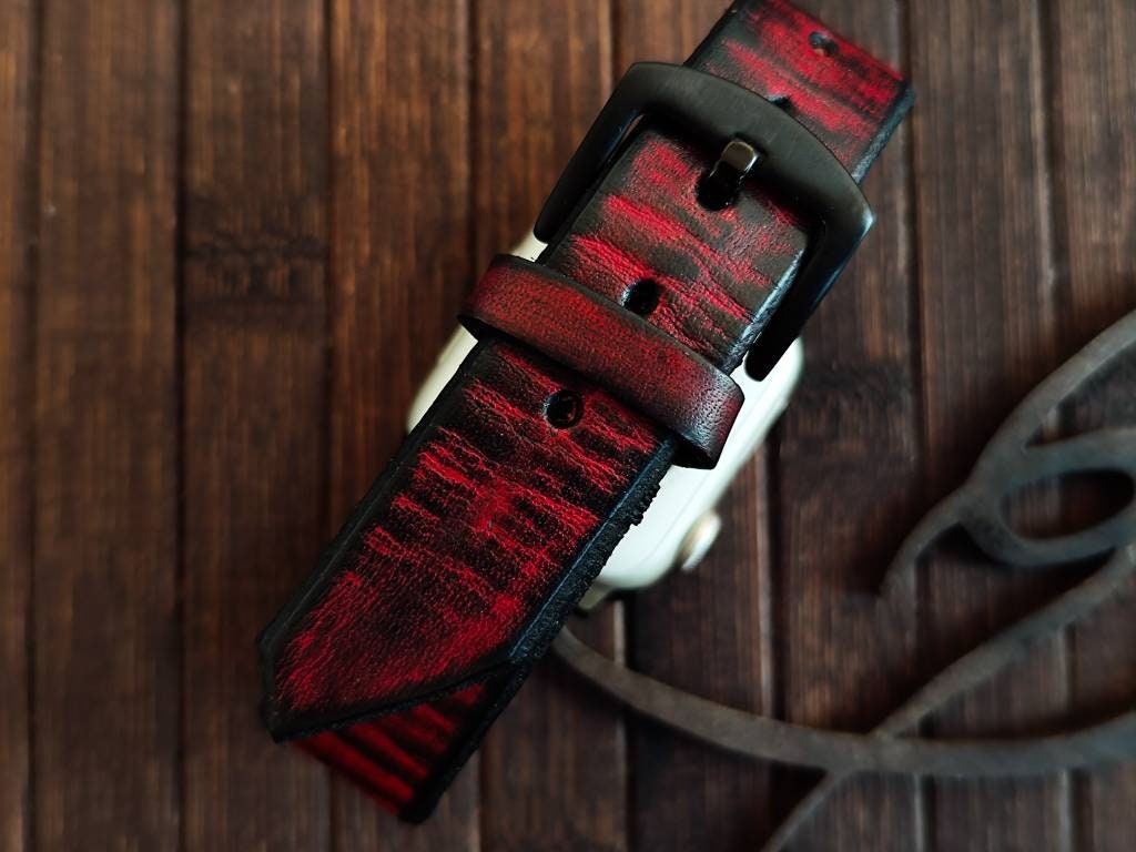 Apple Watch Band - Red Leather With black wash