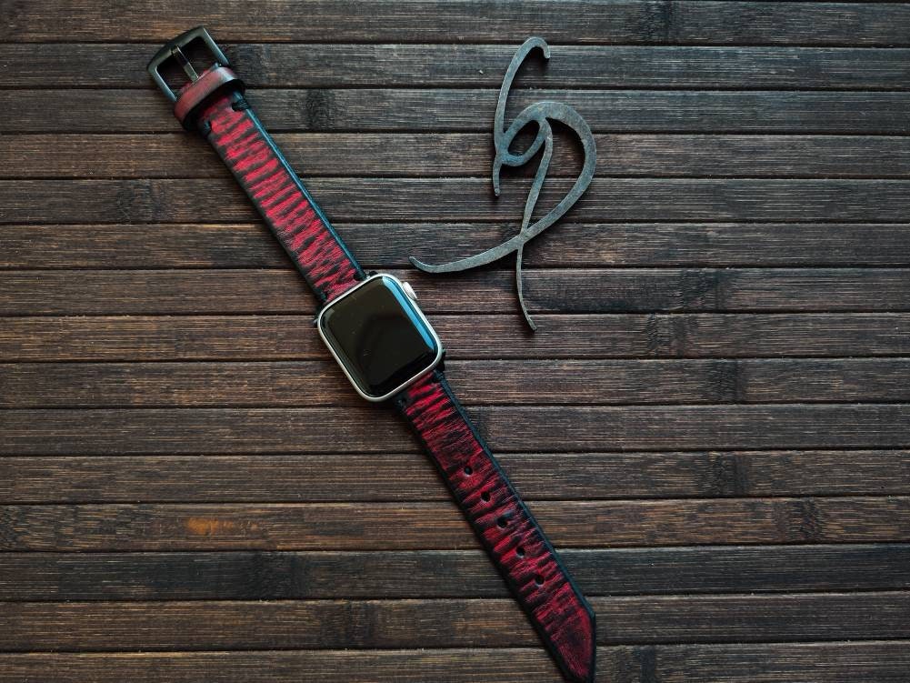 Apple Watch Band - Red Leather With black wash