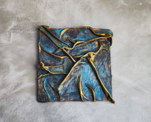 Turquoise Blue and Brown Leather Wall Art with a Touch of Gold - Handmade with Unique Technique and One-of-a-Kind