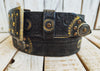 Handcrafted Black Leather Belt with Motorcycle Gear Stamps, Silver Studs, and touch of gold with silver rings and matching buckle.
