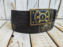 Handcrafted Black Leather Belt with Motorcycle Gear Stamps, Silver Studs, and touch of gold with silver rings and matching buckle.