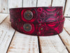 Biker's Delight: Handcrafted Red Leather Belt with Motorcycle Gear Stamps, Black Wash, Silver Studs, and Silver Coins