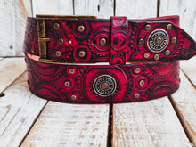 Biker's Delight: Handcrafted Red Leather Belt with Motorcycle Gear Stamps, Black Wash, Silver Studs, and Silver Coins
