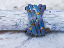 Handmade Purple Leather Bracelet with Turquoise Wash and Elegant Gold pieces