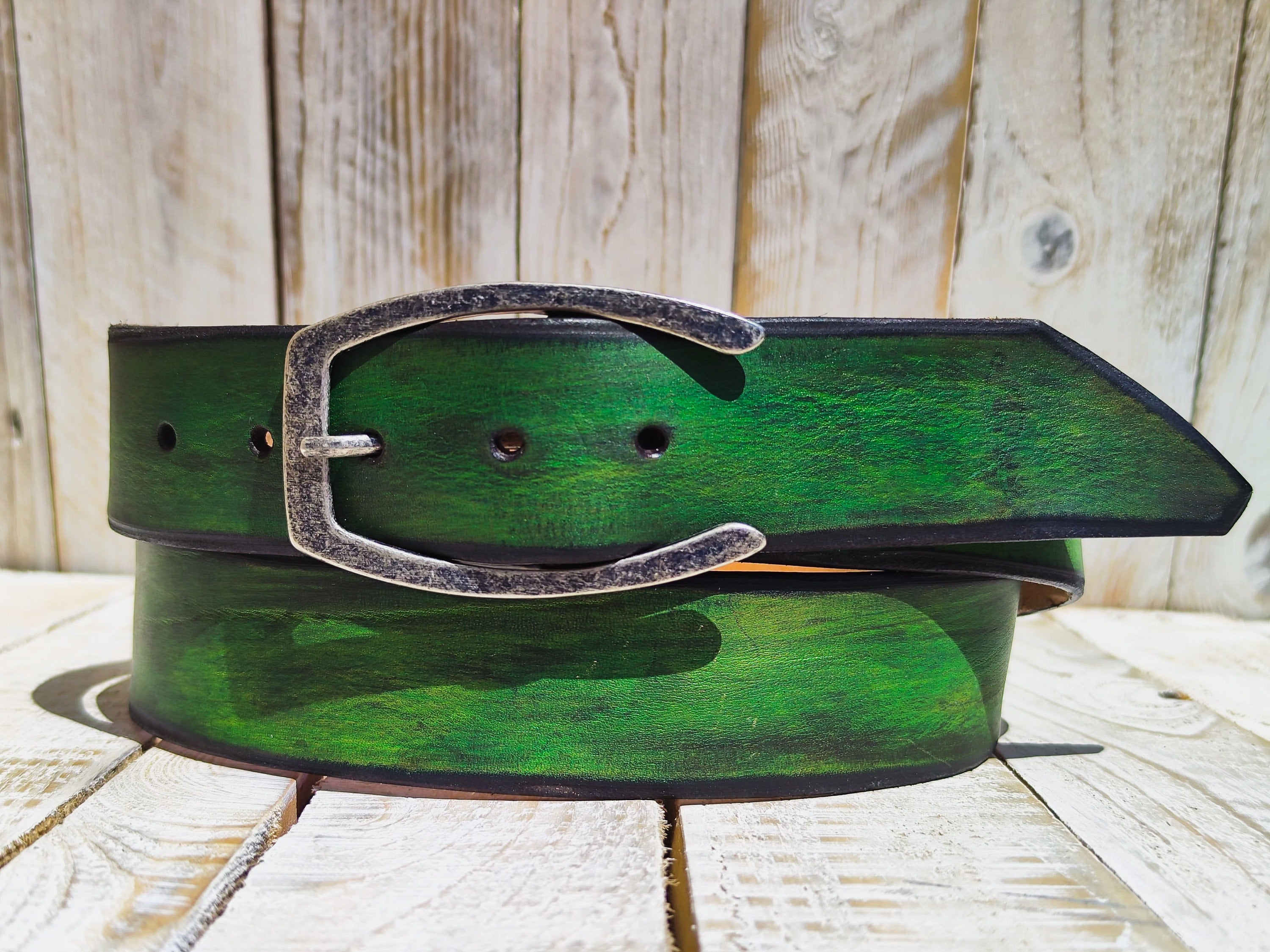 Artisanal Green Leather Belt: Handcrafted with Layers of