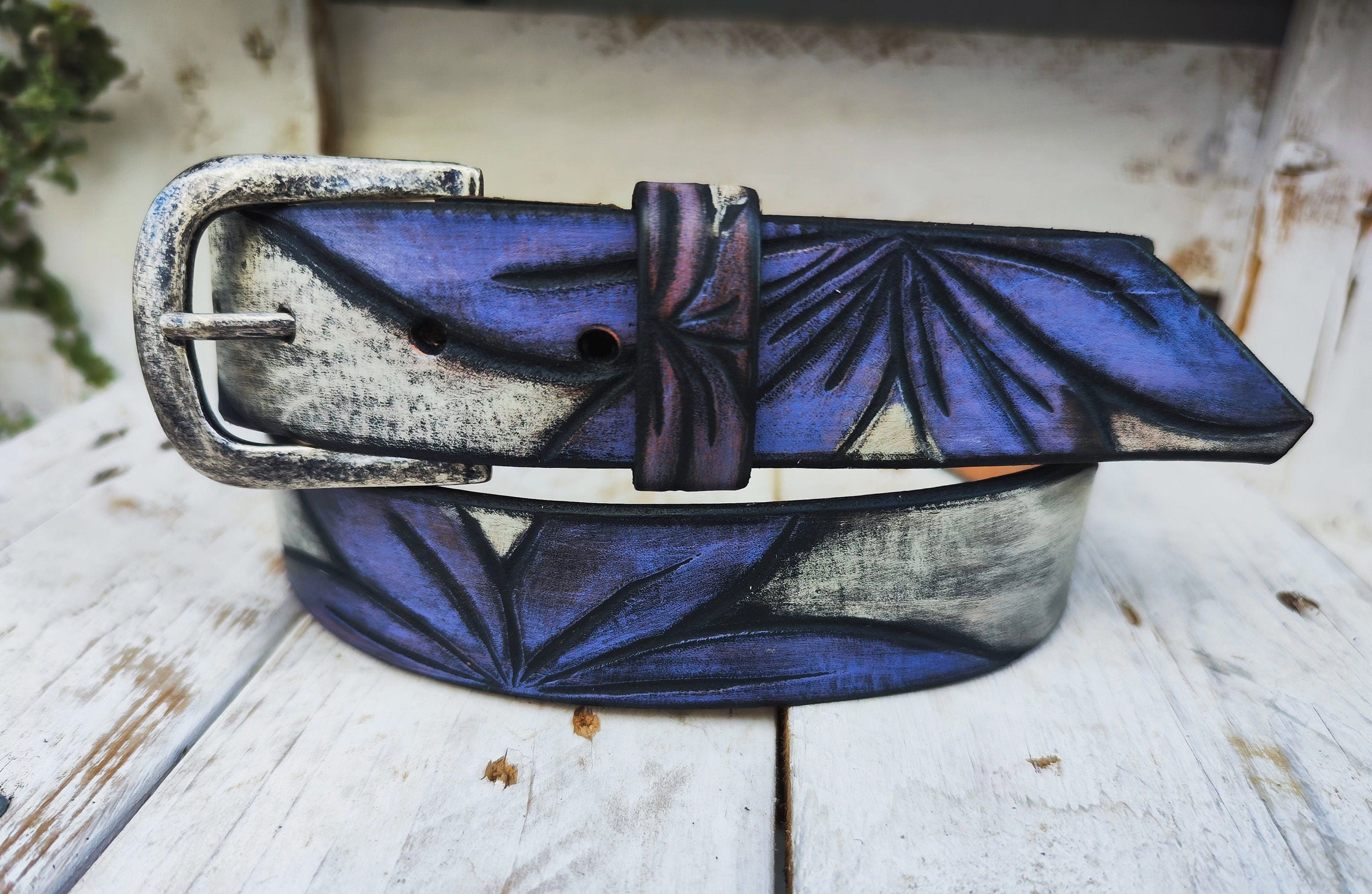 Handcrafted White Leather Belt with Engraved Purple Flower Design and Blackwash Finish