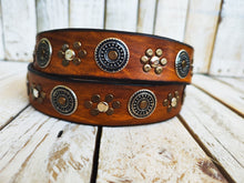 Handcrafted Brown Leather Belt with Ishaor's Unique Design: light Brown belt with Gold and Silver Rivets and Silver Coin Accents