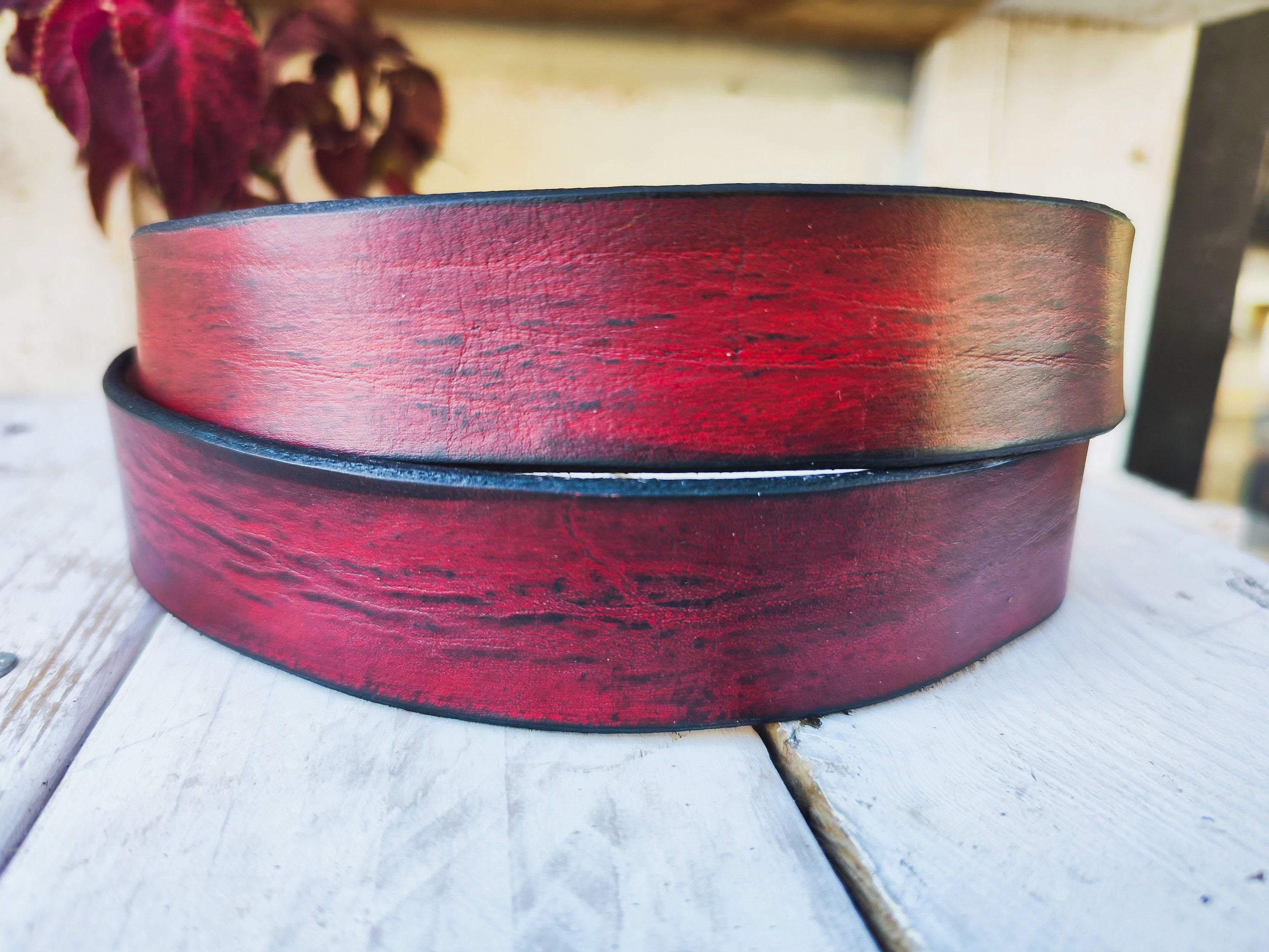 Handmade Red Leather Belt with Black Wash, Unique Design with Black End connect with two Pieces and Bronze Rivet Decorations