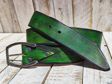 Artisanal Green Leather Belt: Handcrafted with Layers of Enchanting Green Shades and Horseshoe Buckle