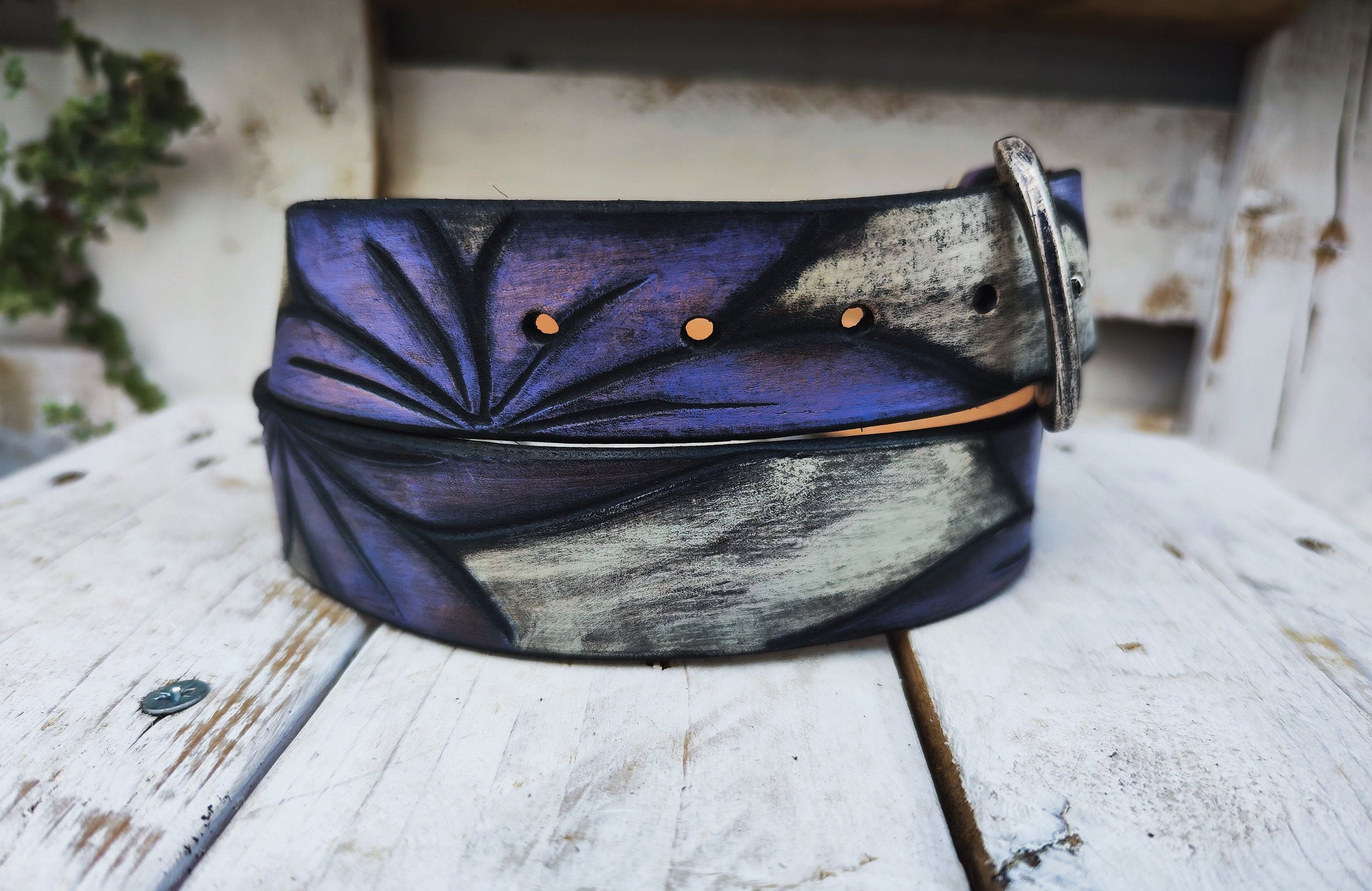Handcrafted White Leather Belt with Engraved Purple Flower Design and Blackwash Finish