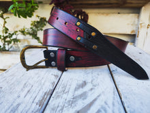 Handmade Red Leather Belt with Black Wash, Unique Design with Black End connect with two Pieces and Bronze Rivet Decorations