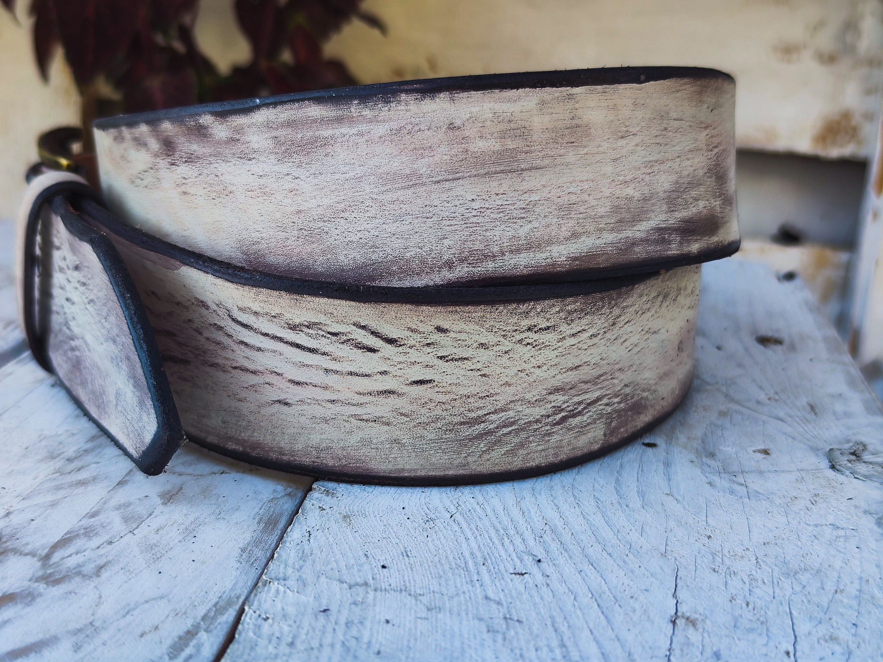 Handmade white creamy  Leather Belt with Beautiful Brown Wash - Unique and Stylish Accessory