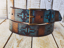 Unique Handmade Leather Belt with Computer Cooler-Inspired Embossed Patterns and Exquisite Color Techniques and touch of turquoise