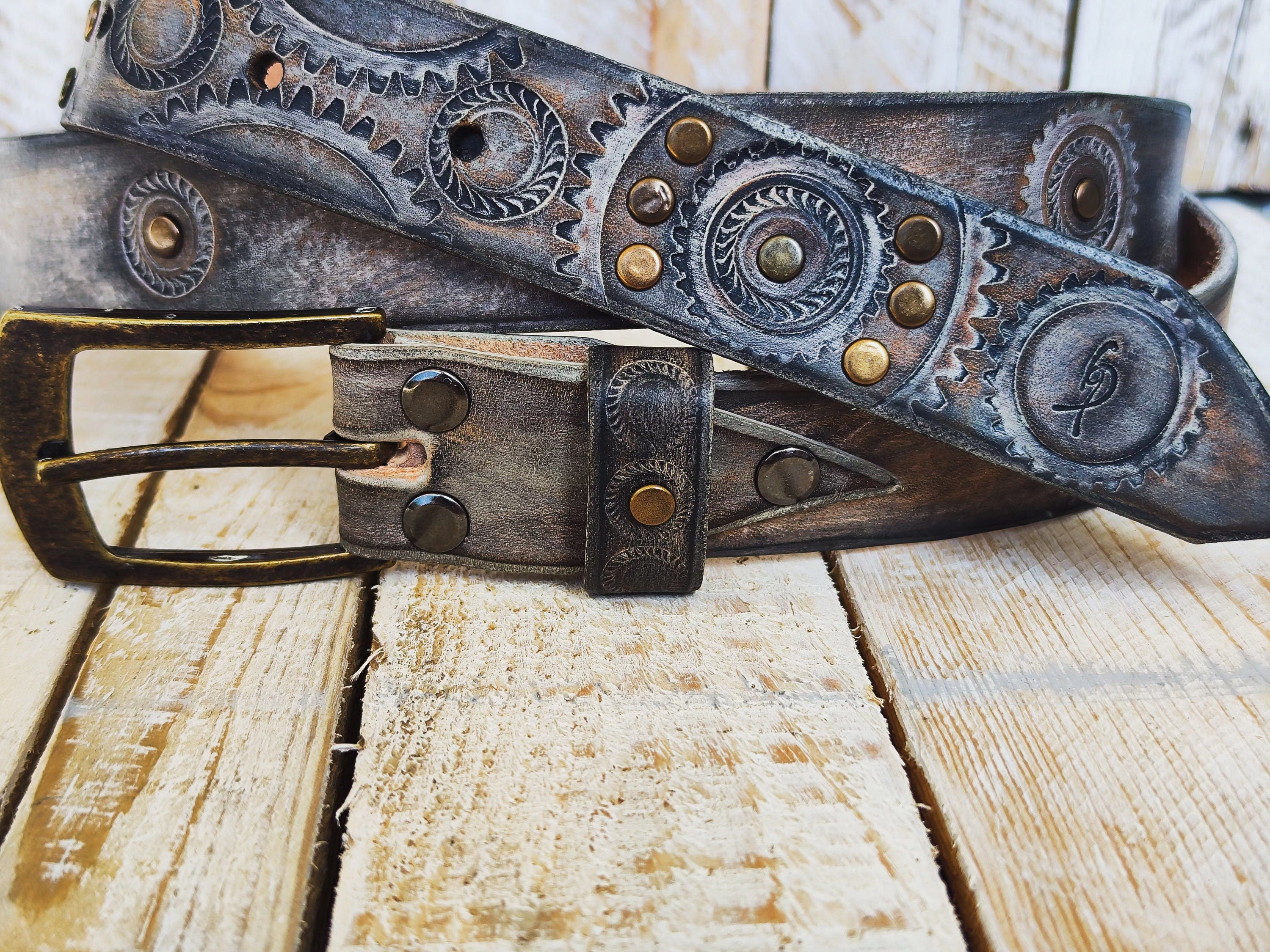 Rugged Handmade Leather Belt: white and Vintage brown Wash designed with Motorcycle Gear Stamps, and studs.