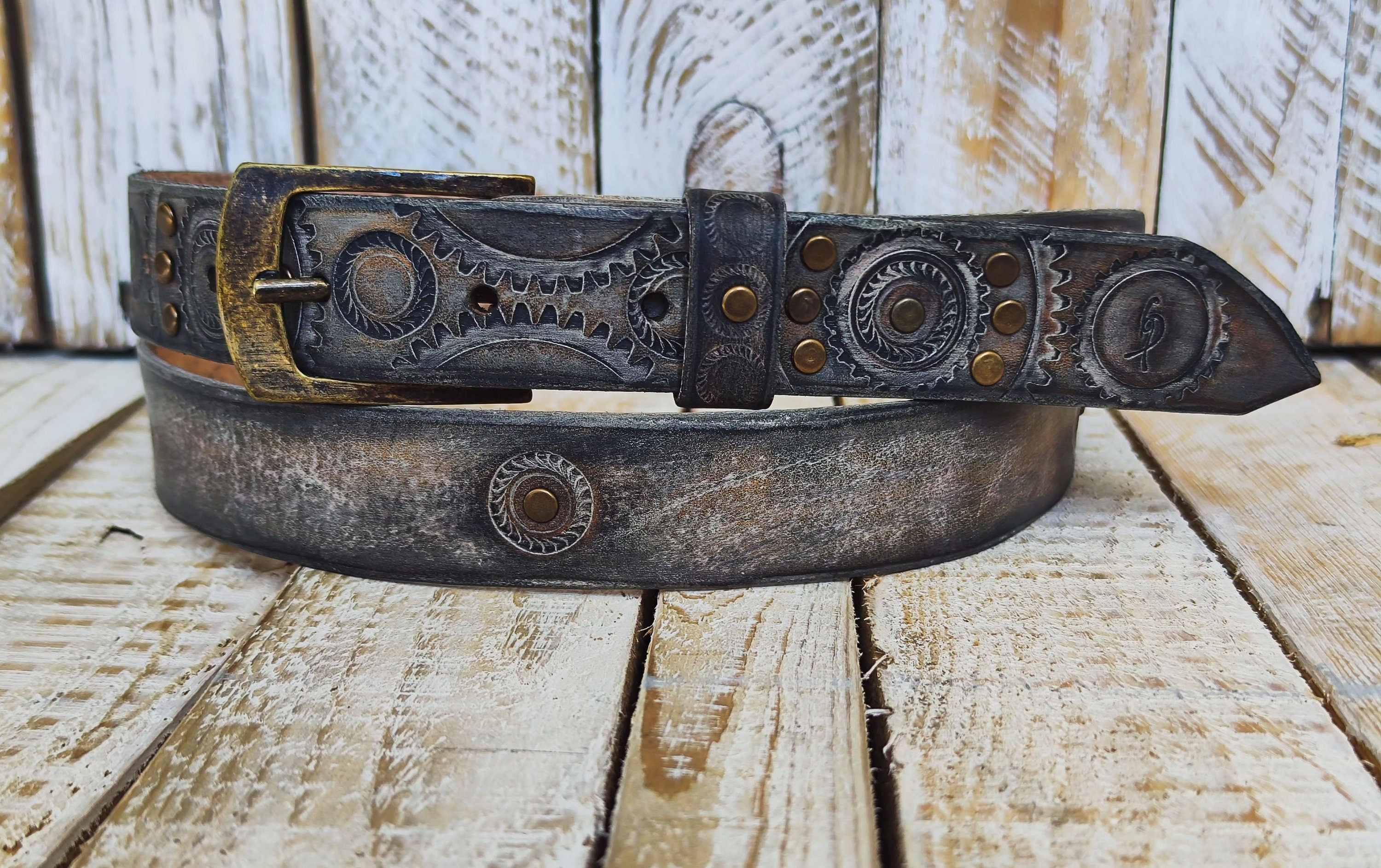 Rugged Handmade Leather Belt: white and Vintage brown Wash designed with Motorcycle Gear Stamps, and studs.