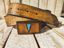 Handcrafted 3.6cm Brown Leather Belt with vintage texture and  Bronze designed Buckle covered in brown leather and Turquoise Triangle