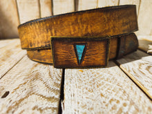 Handcrafted 3.6cm Brown Leather Belt with vintage texture and  Bronze designed Buckle covered in brown leather and Turquoise Triangle
