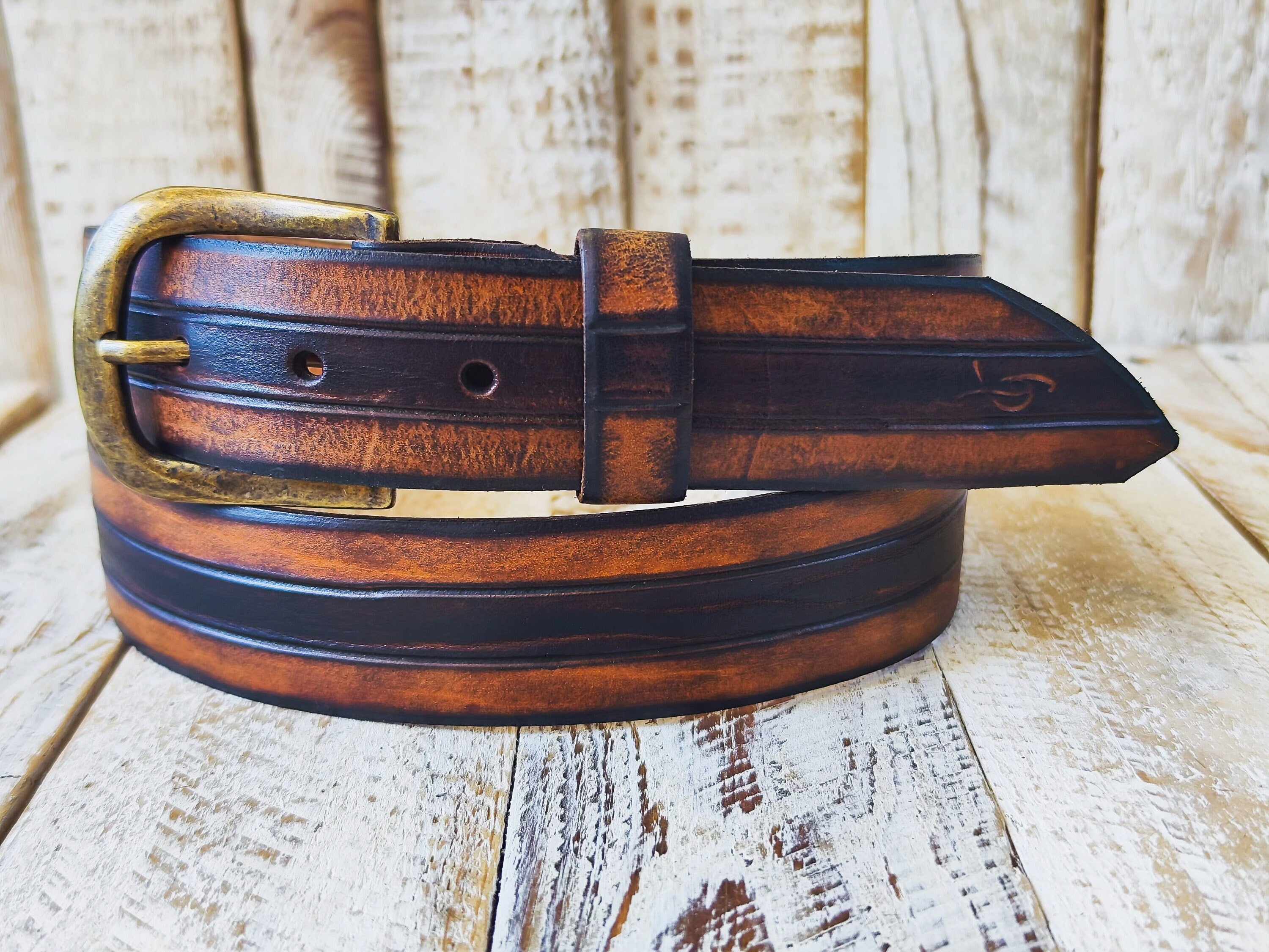 Handcrafted Leather Belt with three stripes in shades of brown and bronze Removable Buckle