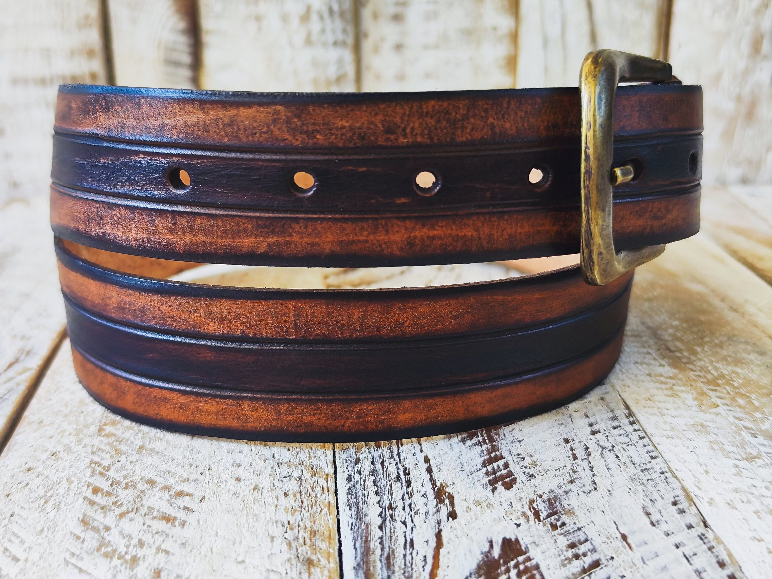 Handcrafted Leather Belt with three stripes in shades of brown and bronze Removable Buckle