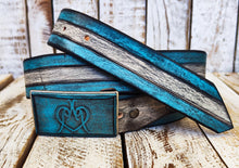 Unique handmade leather belt with Israeli flag colors and heart logo