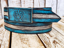 Unique handmade leather belt with Israeli flag colors and heart logo