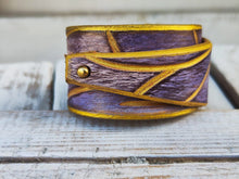 Wide Handcrafted Leather Wrap Bracelet for Women with Gold Engraving.