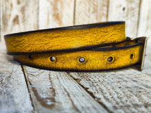 Distressed Yellow Narrow Leather Belt with Brown Wash and Silver Buckle for Men and Women - Statement Piece for Your Jeans