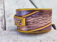 Wide Handcrafted Leather Wrap Bracelet for Women with Gold Engraving.