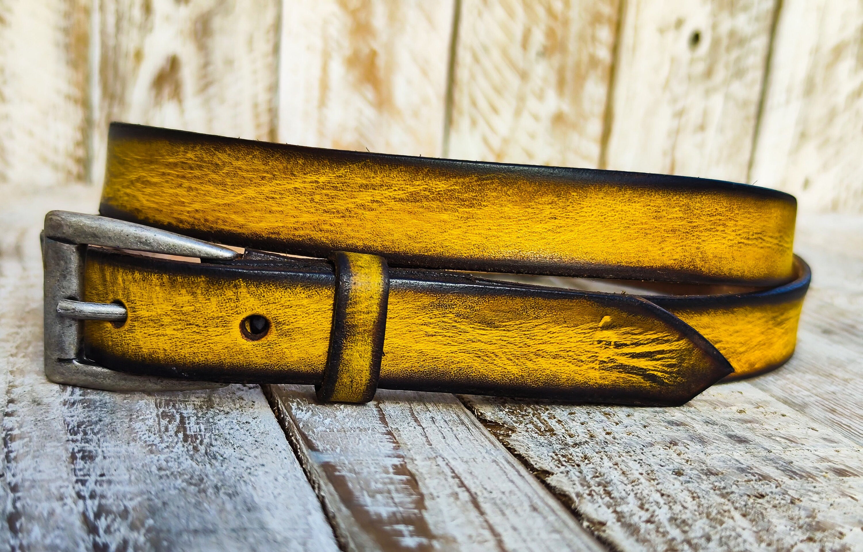 Distressed Yellow Narrow Leather Belt for men and women with brown wash & silver buckle.A Statement Piece for Your Jeans Stunning rough fini