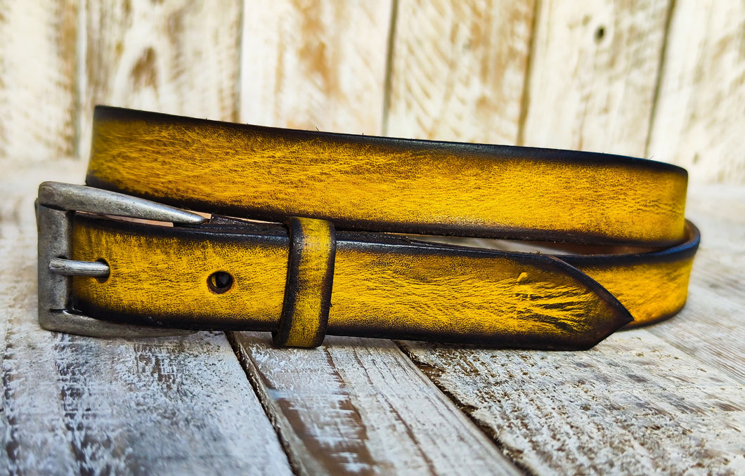 Distressed Yellow Narrow Leather Belt for men and women with brown wash & silver buckle.A Statement Piece for Your Jeans Stunning rough fini