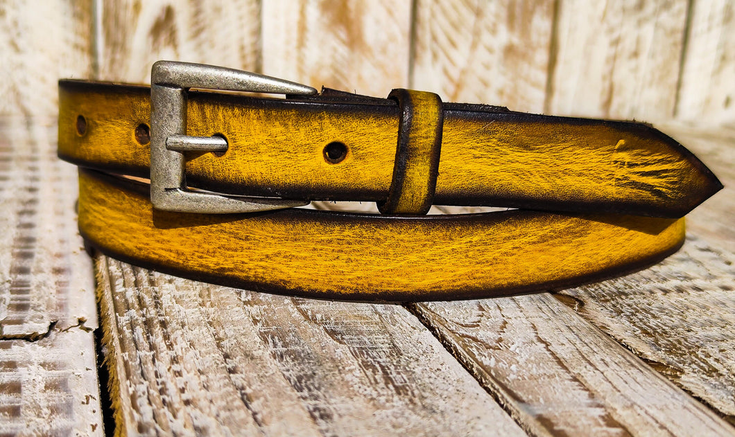 Distressed Yellow Narrow Leather Belt for men and women with brown wash & silver buckle.A Statement Piece for Your Jeans Stunning rough fini