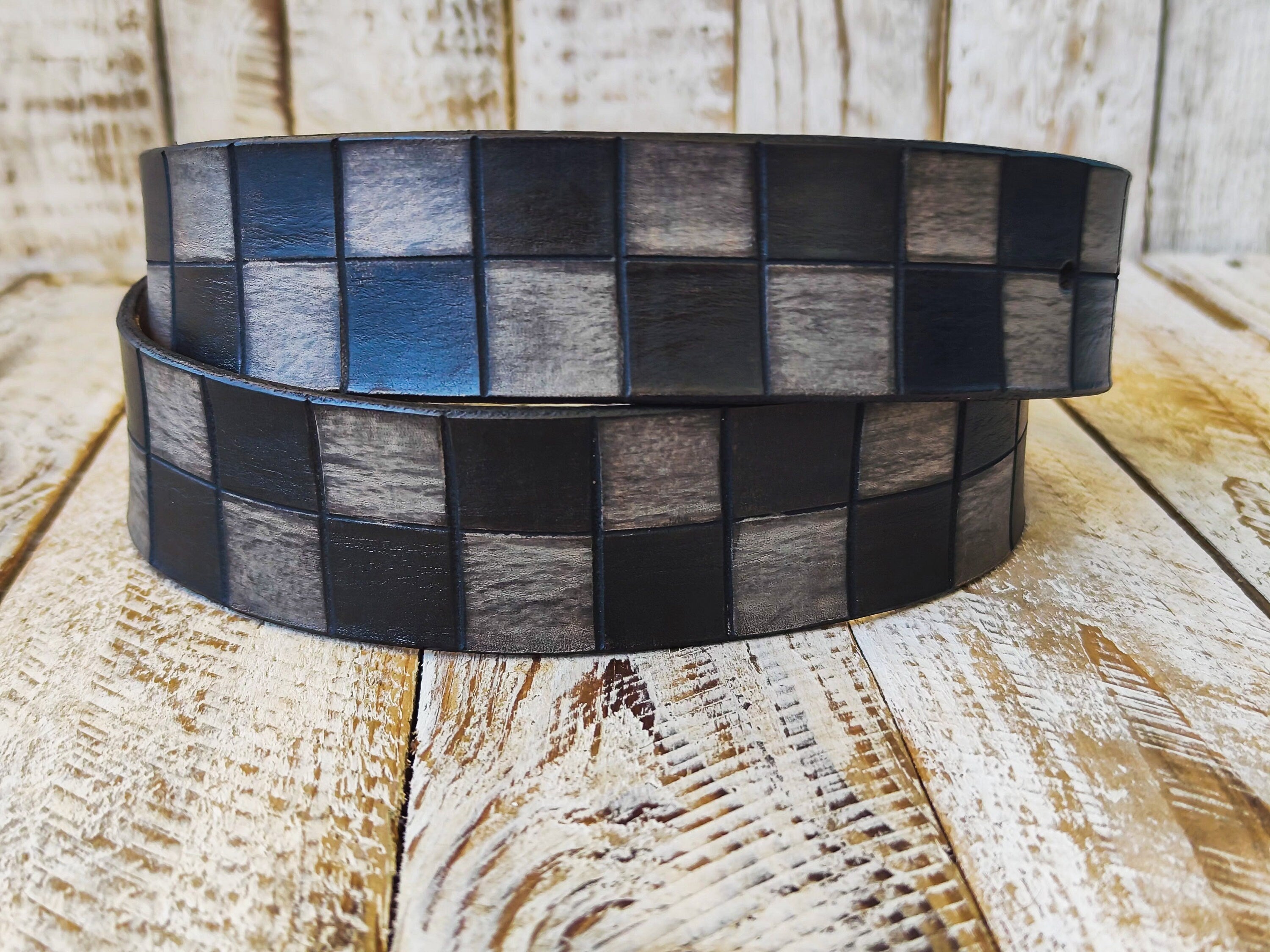 Black and Gray Checkered Leather Belt with Silver Buckle and black wash. Handmade product by Ishaor, A Statement Piece for Any Outfit.