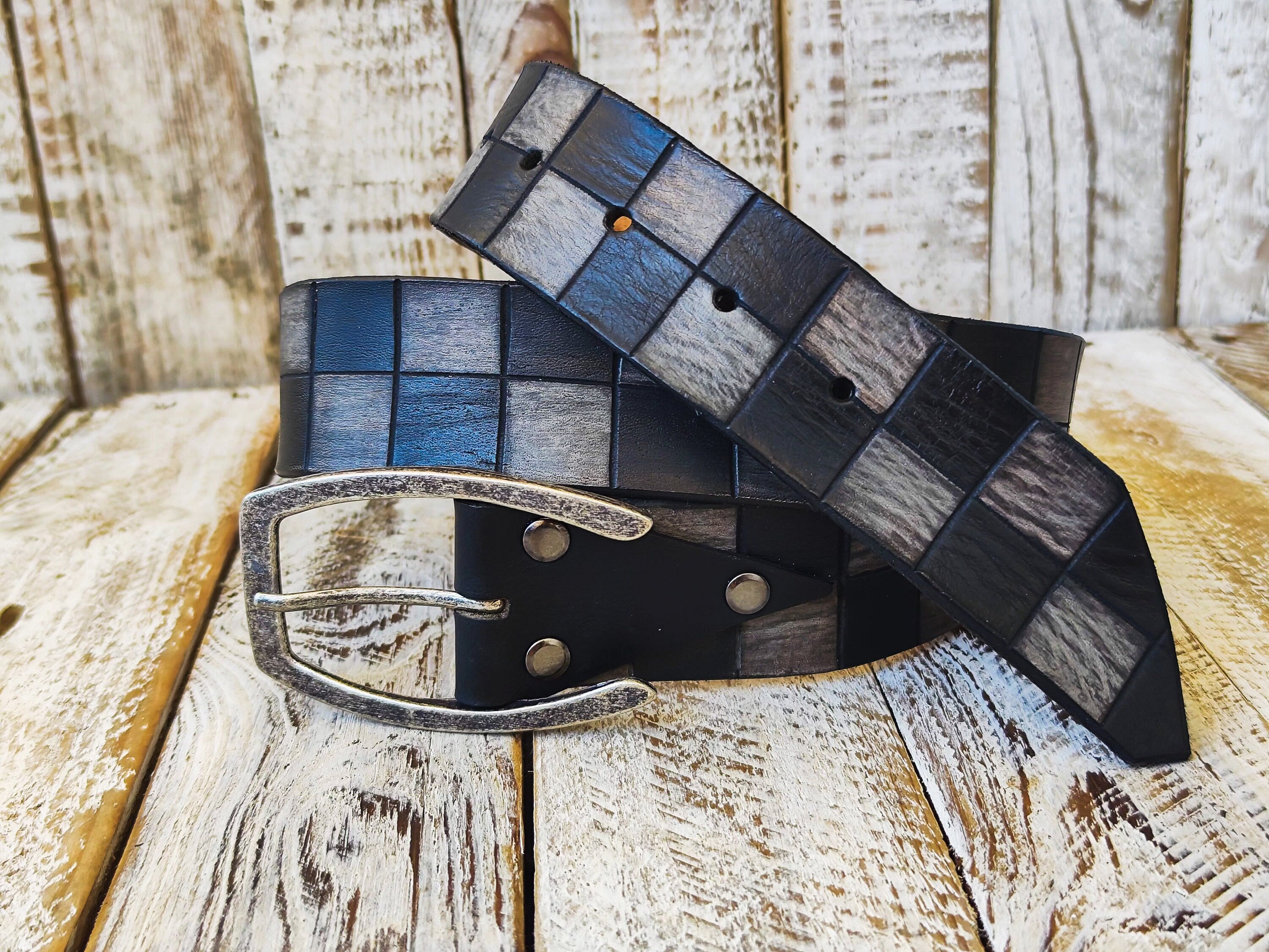 Black and Gray Checkered Leather Belt with Silver Buckle and black wash. Handmade product by Ishaor, A Statement Piece for Any Outfit.